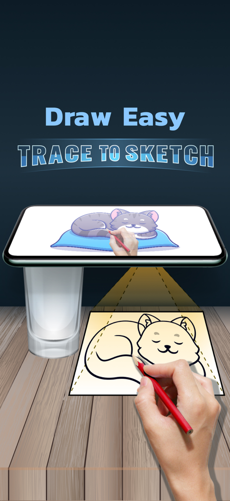 Smartphone projecting a cat illustration onto paper for AR tracing and sketching