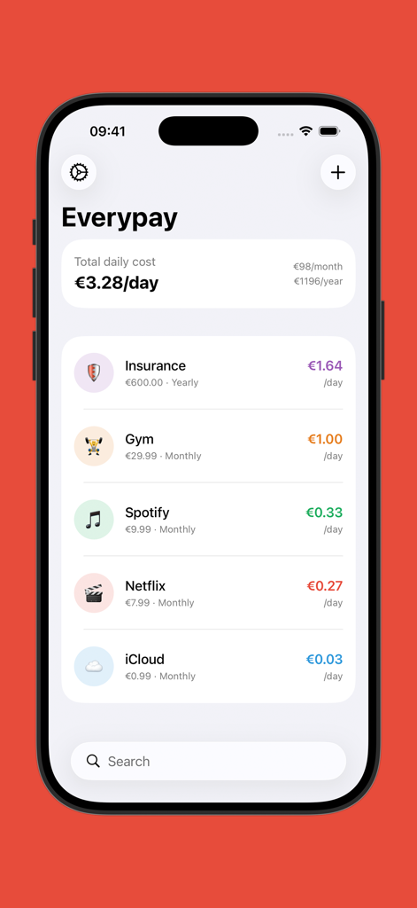 Everypay app dashboard showing daily cost breakdown for subscriptions like Netflix and Spotify