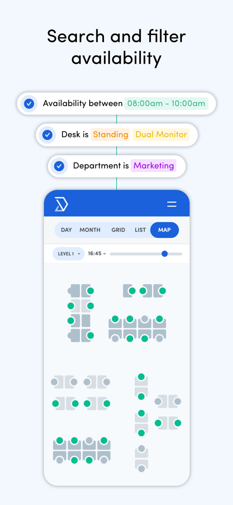 Skedda app interface showing desk booking filters and an interactive office floor plan map