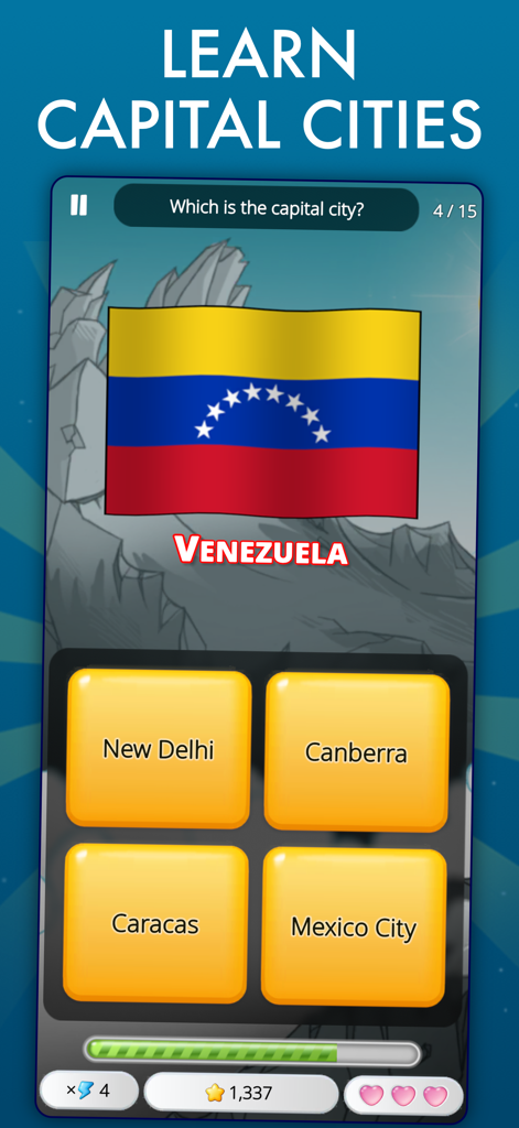 World Geography Trivia Quiz - Interfaz del juego móvil Cuestionario de Geografía Mundial mostrando una pregunta sobre la capital de Venezuela con opciones de respuesta múltiple.