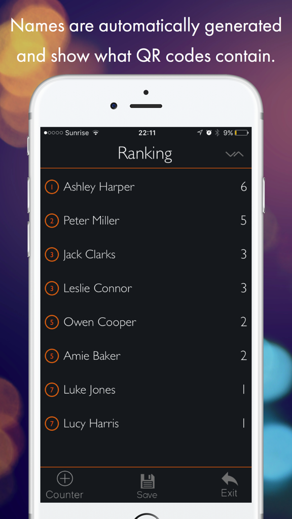 QR Counter - Una pantalla de clasificación en la aplicación QR Counter que muestra una lista clasificada de nombres de estudiantes y sus totales de puntos