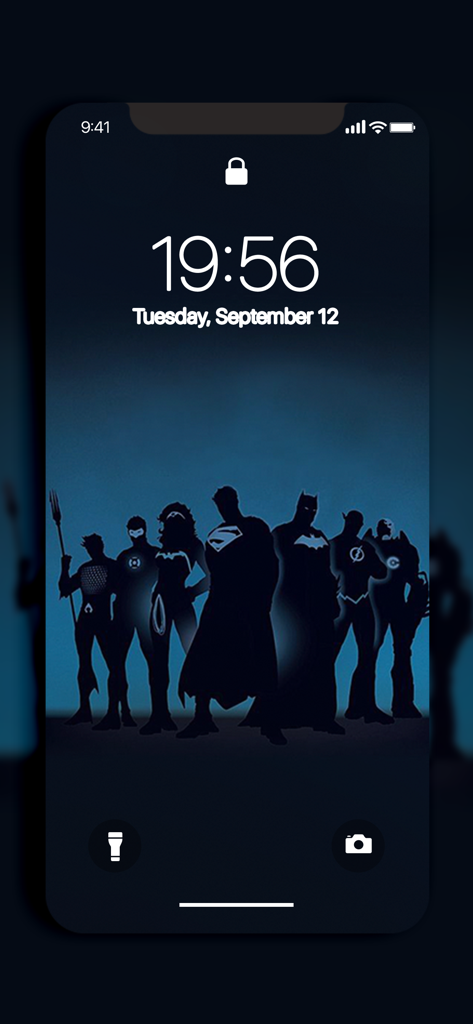 Justice League silhouette wallpaper on an iPhone lock screen