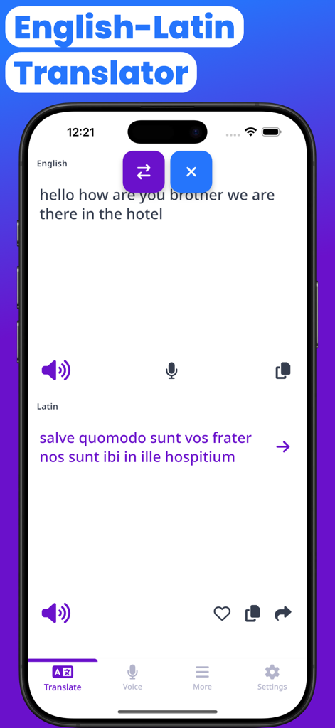 Ein Screenshot der App Latein-Englisch Übersetzen Wörter, der eine englisch-lateinische Übersetzung auf einem Smartphone zeigt.