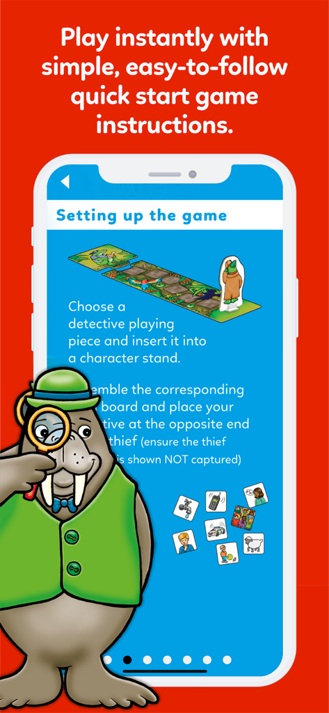 Orchard Toys - Orchard Toys app screen showing game setup instructions and character illustrations.