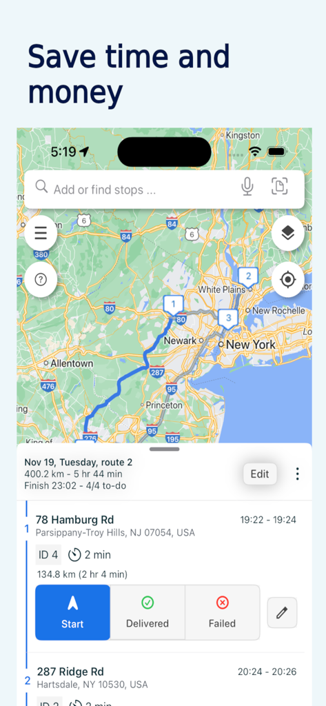Maposcope Route Planner - Interfaz de la aplicación Maposcope que muestra una ruta de entrega multi-parada optimizada en un mapa con detalles de paradas y botones de navegación