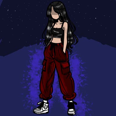 girl in baggy pants crop top and long hair