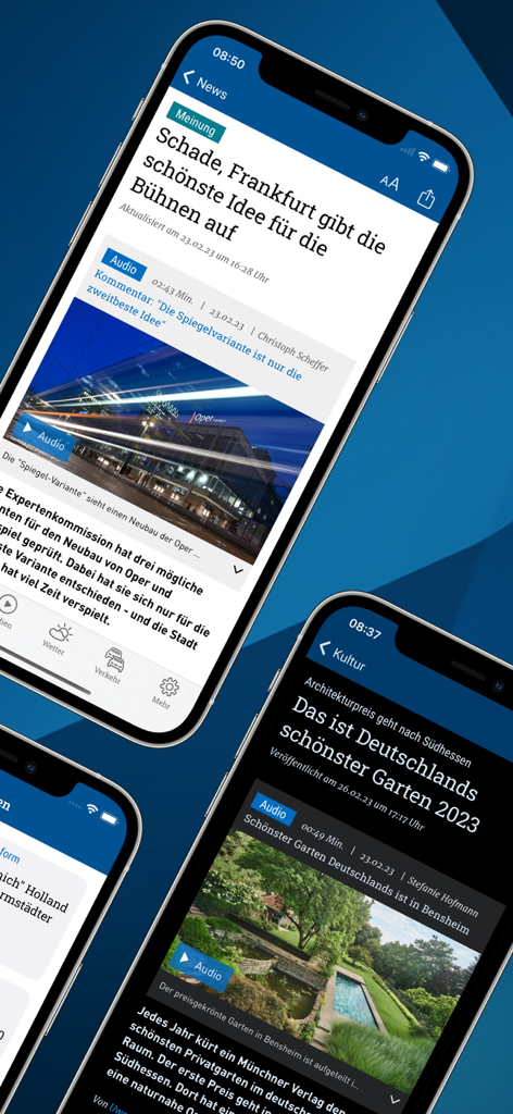 L'application d'actualités hessenschau sur smartphones montrant des nouvelles régionales et du contenu culturel