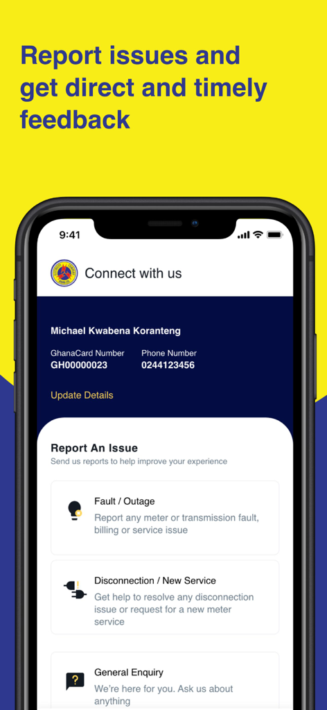 ECG PowerApp - Interfaz de la ECG PowerApp mostrando opciones para reportar cortes de luz y problemas de servicio con interacción directa con el servicio al cliente.