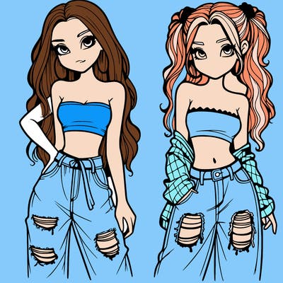 2 girls in crop tops and baggy jeans ripped