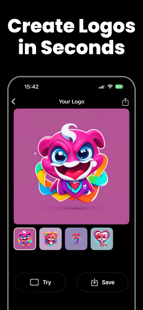 AI Logo Maker · Logo Generator - Una pantalla de smartphone que muestra la interfaz de AI Logo Maker con un logo de mascota colorido y múltiples variaciones de diseño.