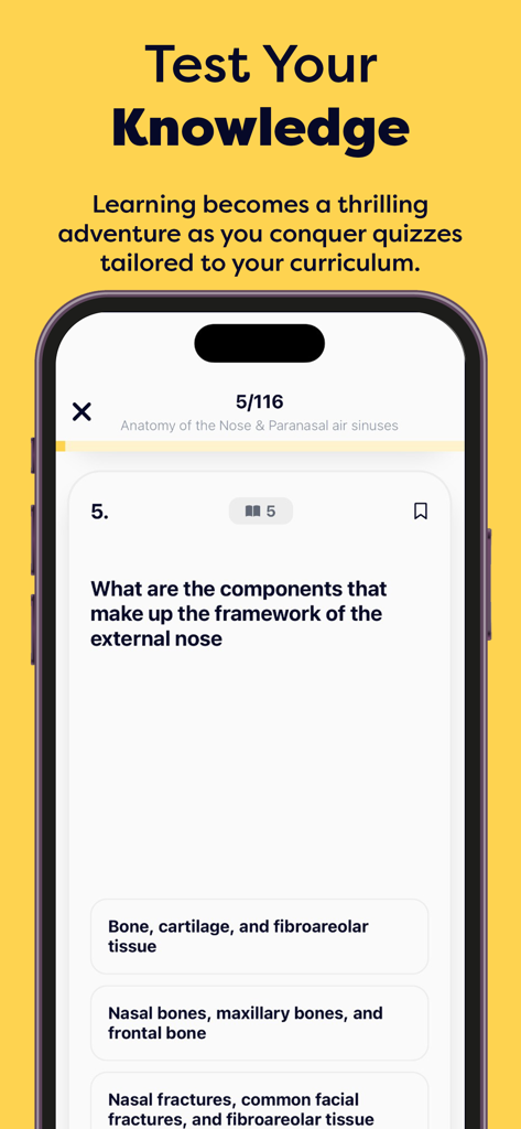 Interfaccia dell'app Studi che visualizza una domanda di quiz di anatomia a scelta multipla su un dispositivo mobile.