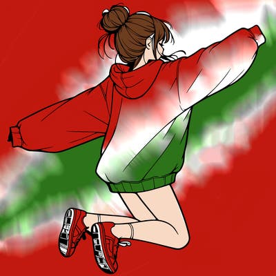 realistic girl jumping with a bun and oversized sweatshirt