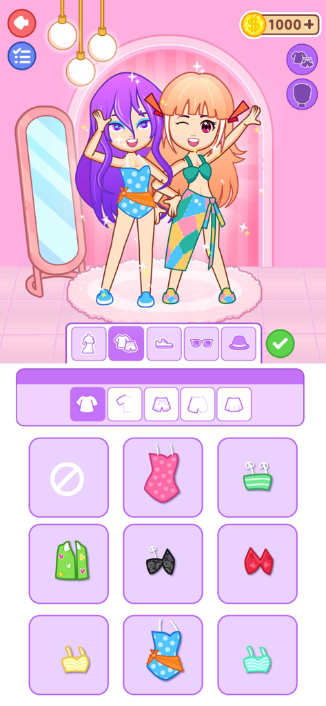 Two cartoon girls in a beach-themed dress-up game showing various clothing options in a purple menu