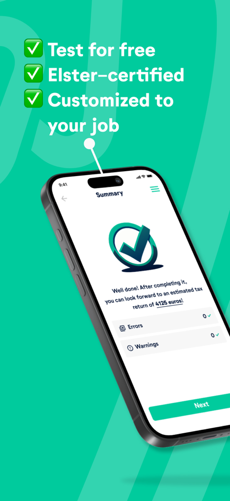 The wundertax app summary screen displaying an estimated tax return of 4125 euros with zero errors.
