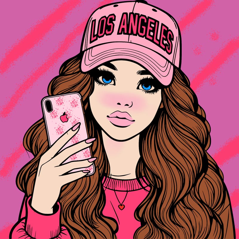realistic beautiful girl wearing los ángeles cap holding an iphone
