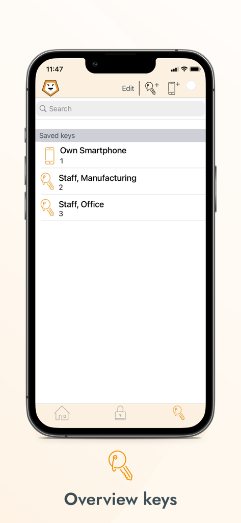Keyng - Keyng app interface showing a list of saved digital keys for manufacturing and office staff