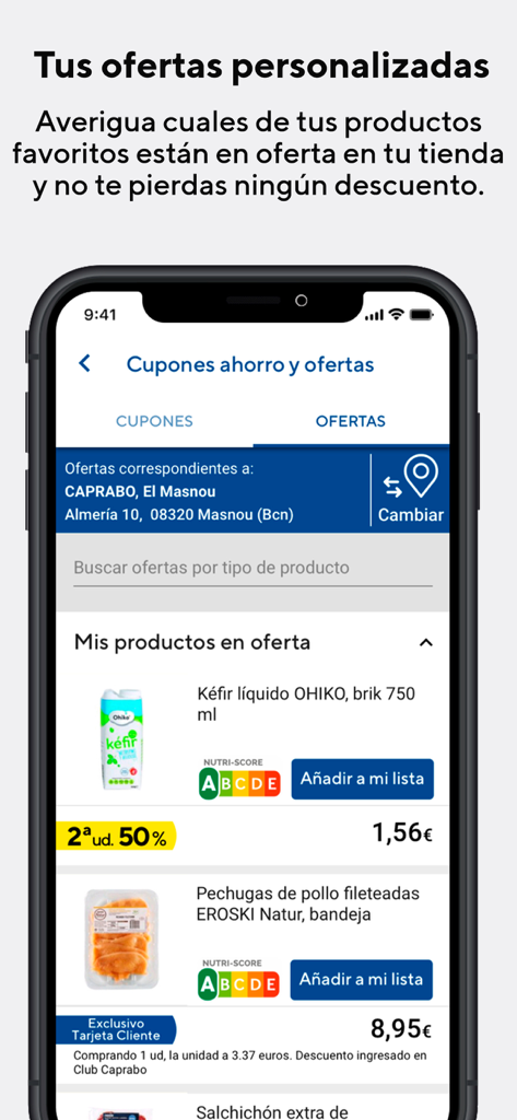 Caprabo - Pantalla de smartphone mostrando ofertas y descuentos personalizados de comestibles en la app Caprabo