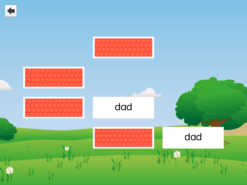 FlashWords AAC - FlashWords AAC app word matching game screen showing cards with the word dad on a cartoon landscape background