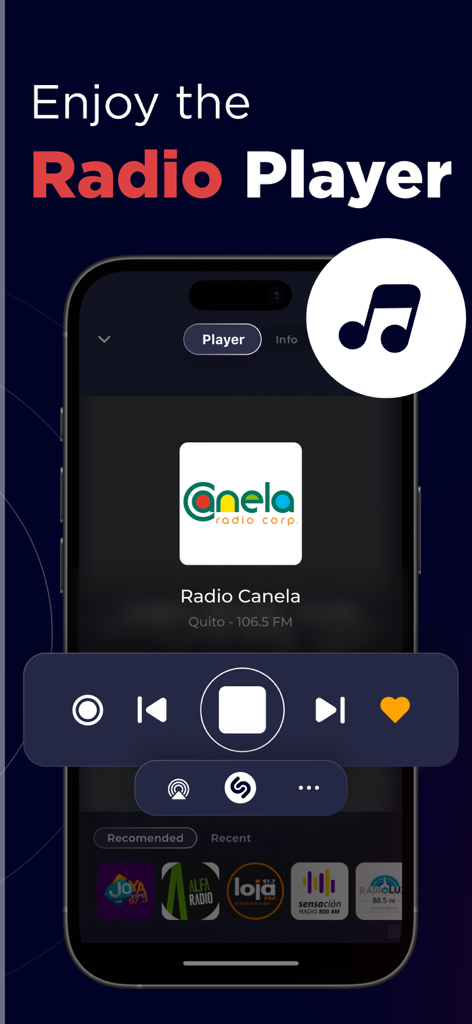 Radio Ecuador Live FM & AM - Interface of the Radio Ecuador app playing Radio Canela from Quito with playback controls including record and favorite buttons.