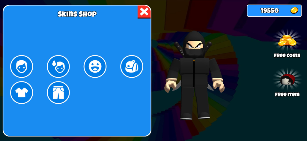 Escape Obby Prison - In-game skins shop menu featuring a ninja character and avatar customization items