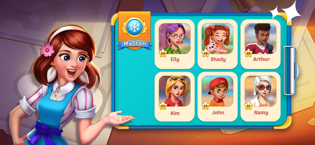 Food Voyage: Fun Cooking Game - 笑顔のシェフキャラクターが、様々なプレイヤーアバターとレベルランキングをフィーチャーしたFood Voyageの「マイチーム」インターフェースを紹介している様子