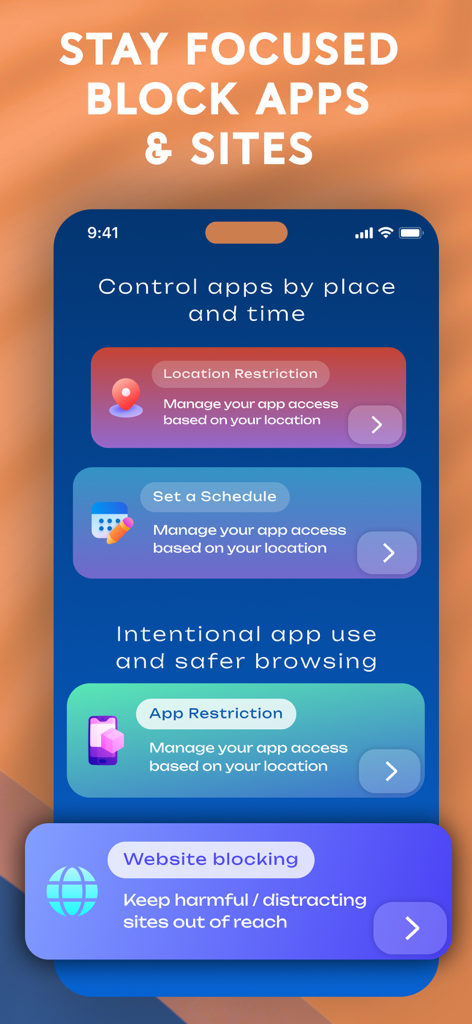 Screen Time Blocker: app Limit - Screen Time Blocker app interface showing location and schedule based restriction options