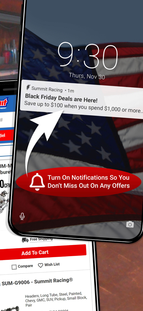 Summit Racing - Smartphone screen showing a Summit Racing app notification for Black Friday deals