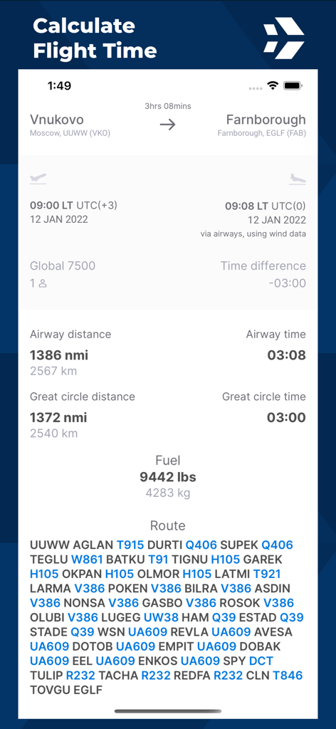 Uno screenshot dell'app Flight Time Calculator che mostra un calcolo dettagliato della rotta di volo inclusa distanza, tempo e consumo di carburante per un jet privato.