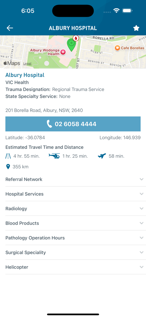 NSW Trauma - Hospital information screen in the NSW Trauma app showing location contact details and travel times for Albury Hospital