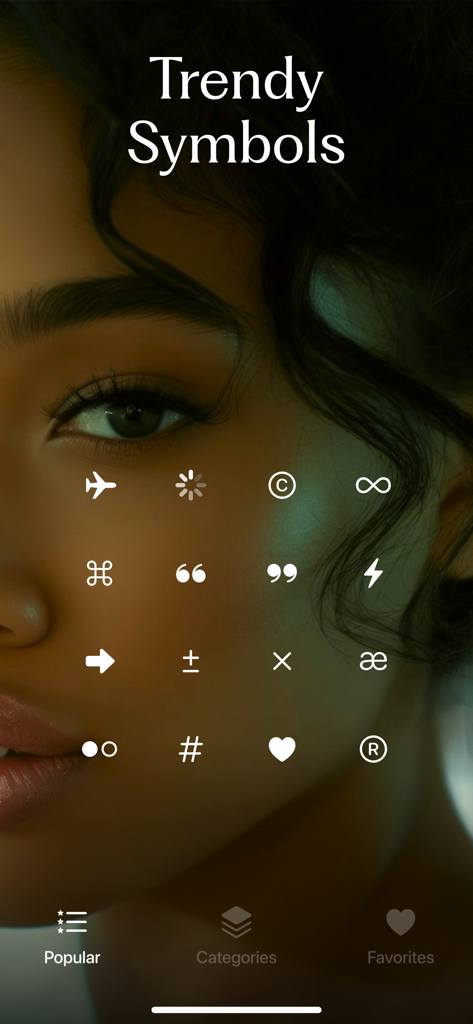 Zebra: Photo & Video Editor - A selection of trendy white symbols and unicode icons for social media content creation displayed in the Zebra app interface.