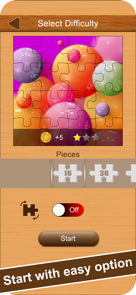 Amazing Jigsaw - Brain Puzzles - Amazing Jigsaw app screen showing puzzle difficulty and piece selection options