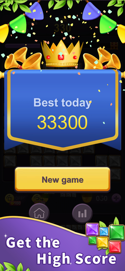 Block Puzzle - Fun Games - High score celebration screen in Block Puzzle game showing a daily best score of 33300 with a golden crown and confetti.