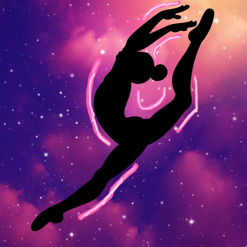 gymnast doing a leap in a leotard with a bent back leg