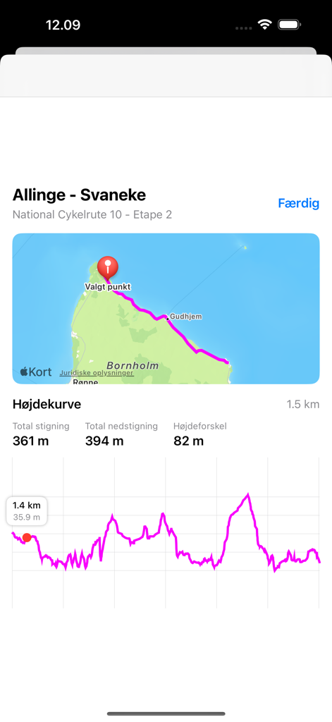 Bike Routes on Bornholm - Screenshot der mobilen App, der eine Fahrradroute und ein Höhenprofil von Allinge nach Svaneke auf Bornholm zeigt