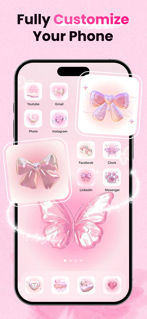 Pantalla de inicio de iPhone estética rosa con widgets de lazo y fondo de pantalla de mariposas.
