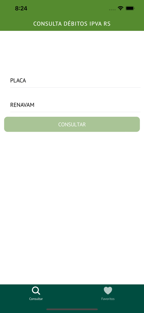 IPVA RS - IPVA RS mobile app interface showing the vehicle tax debt consultation form with fields for license plate and RENAVAM