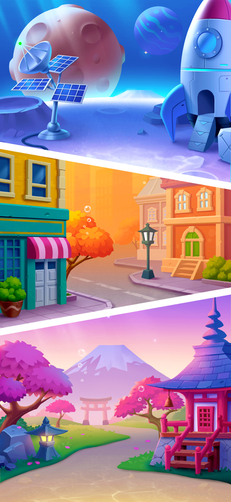 Solitaire Ocean - Un collage que muestra tres fondos de juego diferentes, incluyendo una temática espacial, una calle de ciudad y un jardín japonés