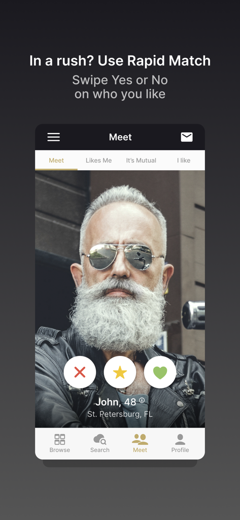 Biker Next dating app interface showing the rapid match swiping feature with a profile of a mature biker in a leather jacket.