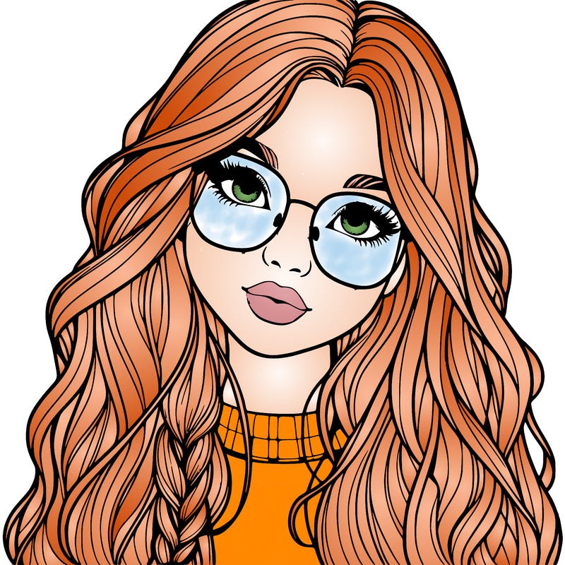 girl with long hair and freckles and glasses realistic
