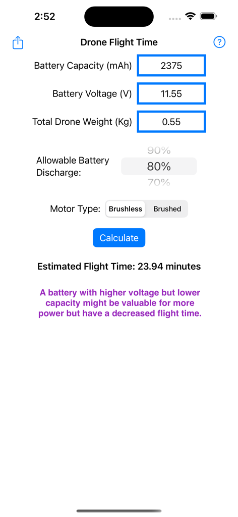배터리 및 무게 입력이 있는 Drone Flight Time 앱 인터페이스