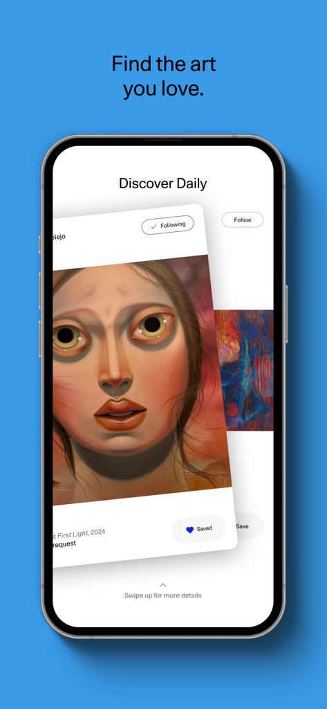 Artsy: Buy & Sell Fine Art - Interfaz de la aplicación Artsy mostrando la función Descubrir Diario para el descubrimiento de arte en un smartphone