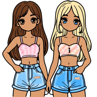 two sisters with crop tops and jean shorts and straight hair