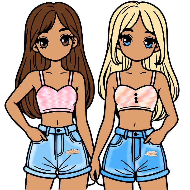 two sisters with crop tops and jean shorts and straight hair