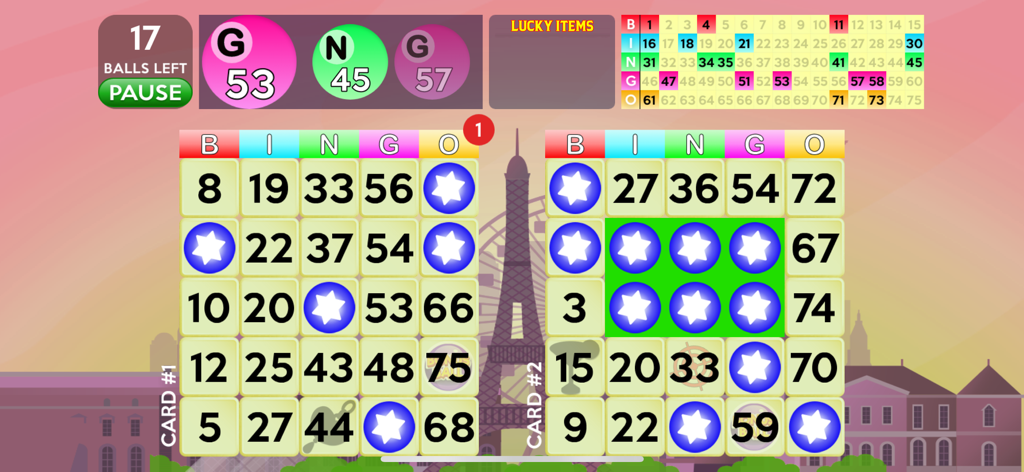 Bingo Deluxe - Bingo Deluxe gameplay showing two bingo cards with star daubs and a Paris city background with the Eiffel Tower.