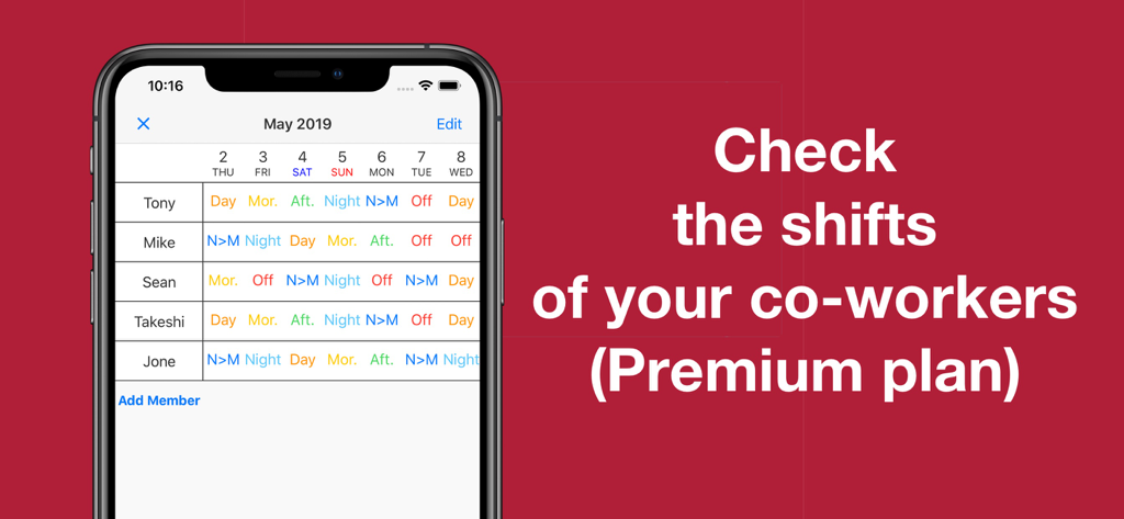 Shift Work Calendar Planner - A shared shift table showing the weekly work schedules of multiple co-workers in the app.