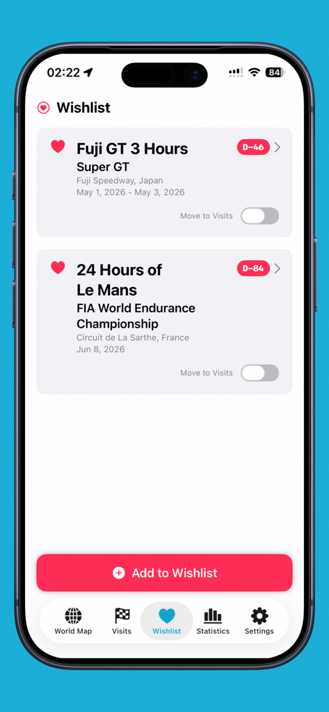 Tracka - Motorsport Visit Log - The wishlist screen of the Tracka app showing upcoming motorsport races like Le Mans and Fuji GT with countdowns.