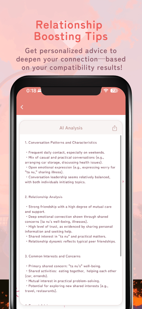 IsTalk - chat analysis - 会話パターンと相性に関するヒントが表示されたIsTalk AI関係性分析を示す携帯電話画面。