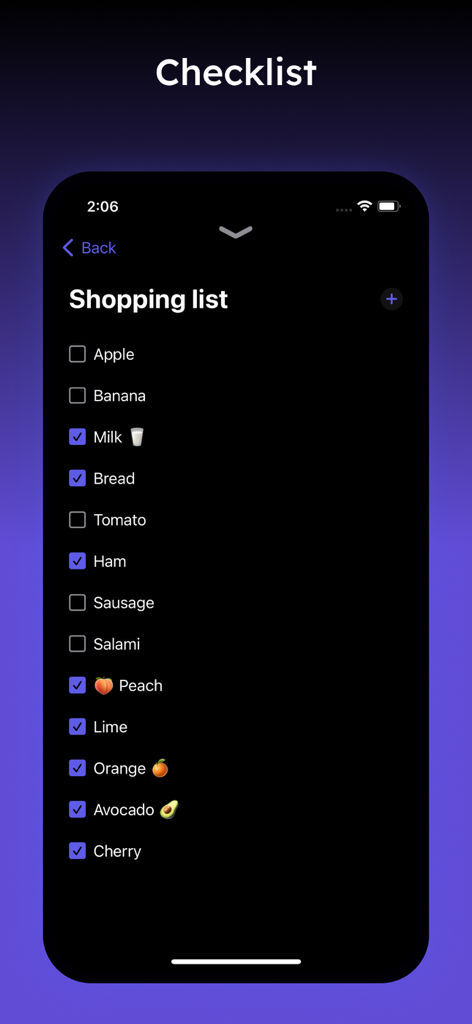Daily Planner & Schedule App - Función de lista de compras en la interfaz en modo oscuro de la aplicación Daily Planner