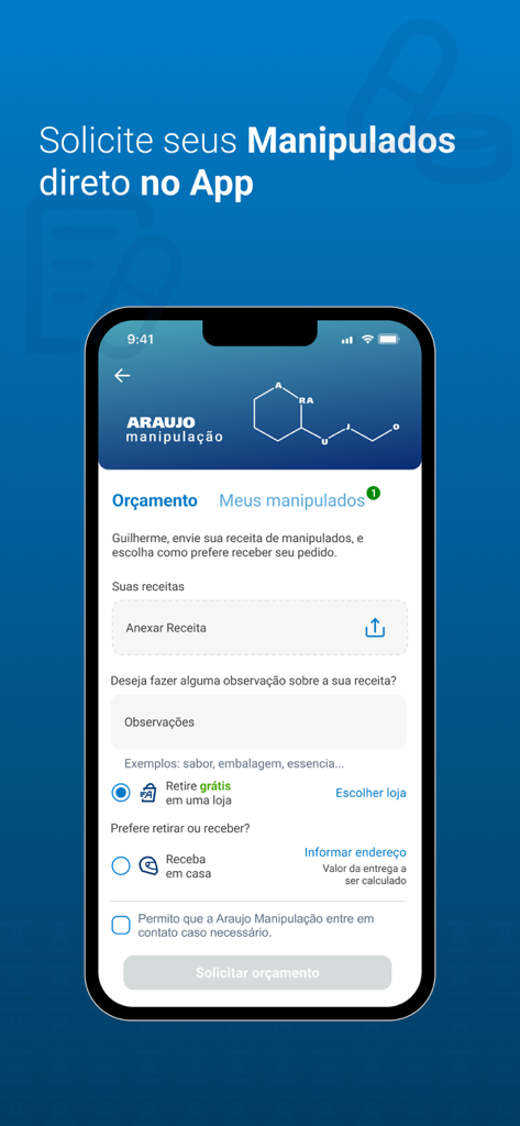 User interface of Drogaria Araujo app showing a form to request a quote for compounded medicines.