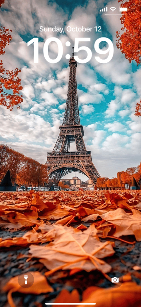 Aesthetic Wallpaper: MoodyWall - Fondo de pantalla otoñal estético de la Torre Eiffel en la pantalla de bloqueo de un iPhone